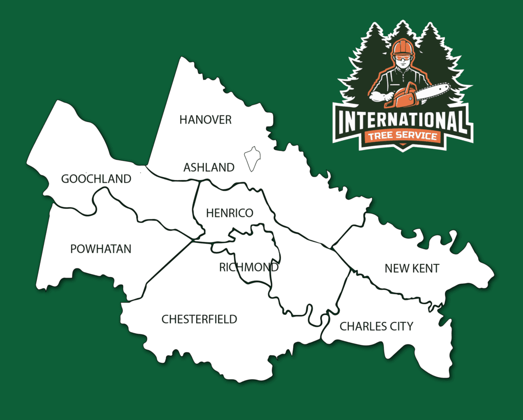 International Tree Services service area map – Richmond, Henrico, Chesterfield, Hanover, Goochland, Powhatan and surrounding counties in Virginia